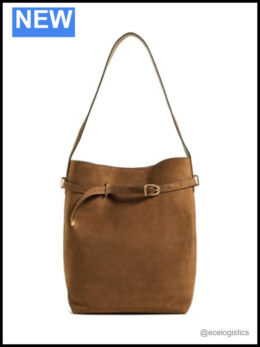 Suede Belted Bucket Tote Shoulder Bag Leather Gold Hardware
